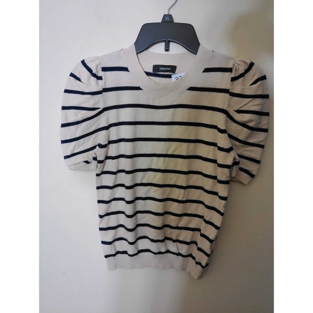 Dokotoo Short Sleeve Sweater Womens Small Cream Navy Striped Puff Sleeve Preppy